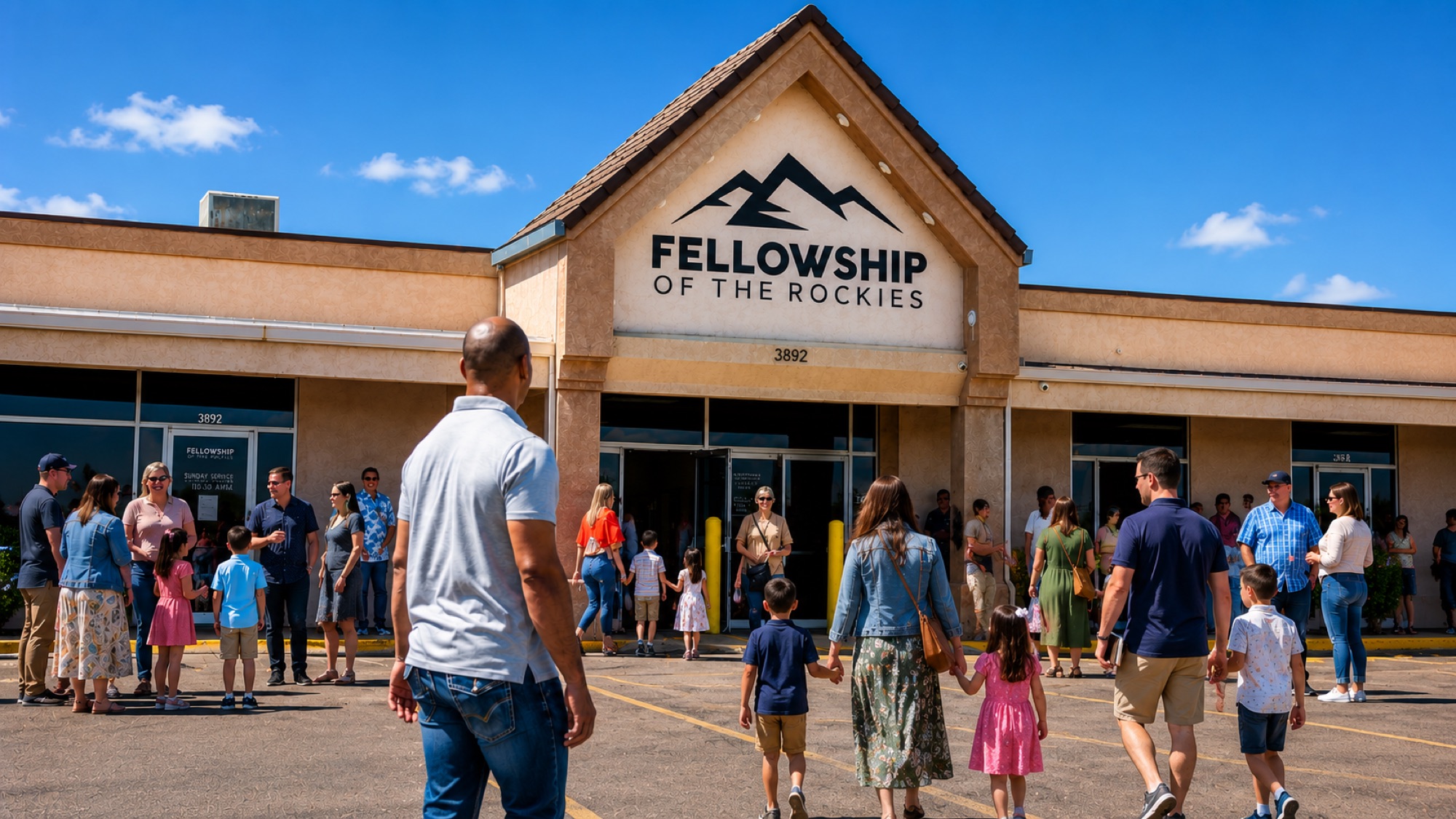 Families arriving at Fellowship of the Rockies on a Sunday morning